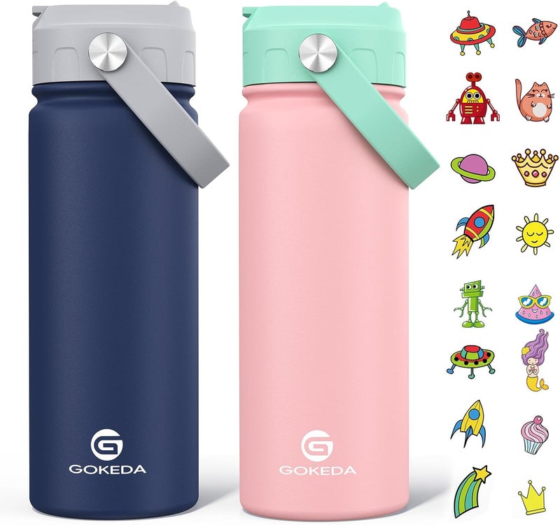 GOKEDA 18oz Kids Water Bottle, 2 Pack Insulated Bottles with Stickers, 18/8 Stainless Steel Vacuum Leak Proof Straw Cup for School, Gifts for Boys(Dark Blue, Pink) - Image 1